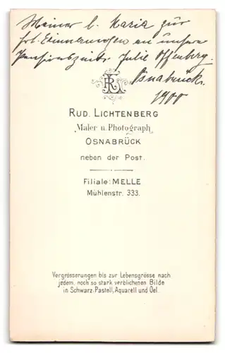Fotografie Rud. Lichtenberg, Osnabrück, neben der Post, Portrait Julie Offenberg im Kleid mit Hochsteckfrisur