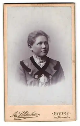 Fotografie A. Schönlau, Horn i. L., am Niederntor, Portrait junge Frau im Kleid mit Kordel Besatz