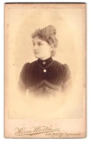 Fotografie Herm. Walter, Leipzig, Töpferplatz, Portrait junge Dame im Biedermeierkleid mit Hochsteckfrisur