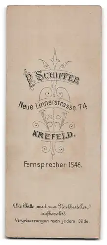 Fotografie P. Schiffer, Krefeld, Neue Linnerstrasse 74, junges Fräulein in weissem Kleid