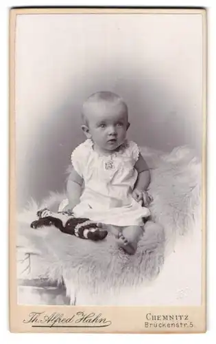 Fotografie Th. Alfred Hahn, Chemnitz, Brückenstr. 5, Baby mit Stoffpuppe auf Felldecke sitzend