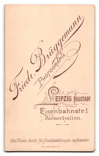 Fotografie Friedr. Brüggemann, Leipzig, Eisenbahnstr. 1, Portrait Bursche trägt Anzug mit Krawatte