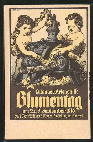 Künstler-AK Hamburg-Altona, Blumentag der Kriegshilfe am 2. und 3.9.1916, Putten an blumengeschmückter Pickelhaube