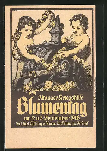 Künstler-AK Hamburg-Altona, Blumentag der Kriegshilfe am 2. und 3. Sept. 1916, Putten an blumengeschmückter Pickelhaube