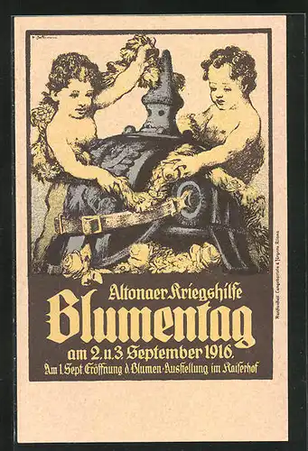 Künstler-AK Hamburg-Altona, Blumentag der Kriegshilfe am 2. und 3. Sept. 1916, blumengeschmückte Pickelhaube