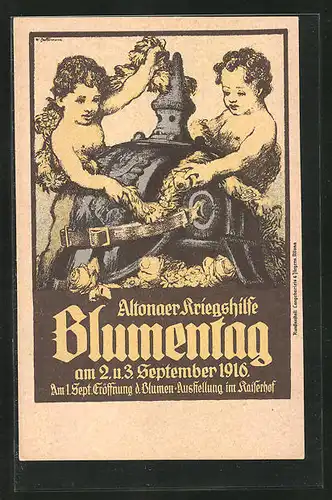 Künstler-AK Hamburg-Altona, Blumentag der Kriegshilfe am 2. und 3. Sept. 1916, blumengeschmückte Pickelhaube