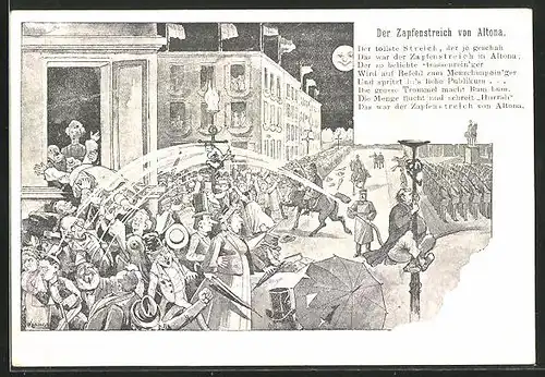 Künstler-AK Hamburg-Altona, Der Zapfenstreich von Altona, Strassenreiniger spritzt Menschenmenge nass, Mond lacht