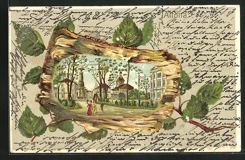 Passepartout-Lithographie Hamburg-Altona, Beim Siegesdenkmal im Holzrahmen