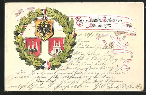 Künstler-AK Hamburg-Altona, Zehntes Deutsches Bundeskegeln 1902, Wappen im Kranz