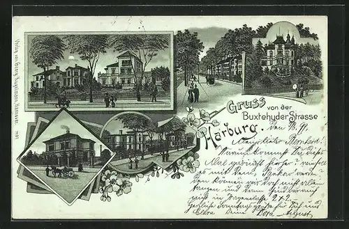 Mondschein-Lithographie Hamburg-Harburg, Bustehuder Strasse mit Passanten, Mehrfachansicht