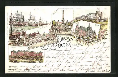 Lithographie Hamburg-Harburg a. d. Elbe, Schloss-Strasse, Elbbrücke, Kaserne