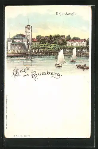 Lithographie Hamburg-Uhlenhorst, Partie am Wasser, Halt gegen das Licht