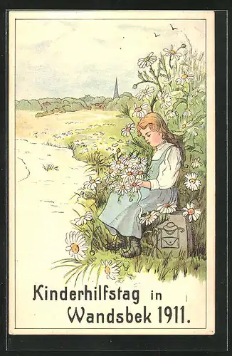 Künstler-AK Hamburg-Wandsbek, Kinderhilfstag 1911, Mädchen mit Margeriten sitzt auf einem Meilenstein