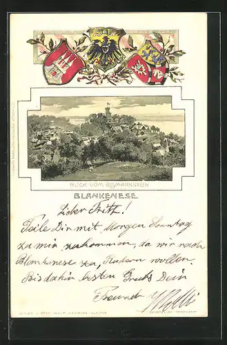 Passepartout-Lithographie Hamburg-Blankenese, Blick vom Bismarckstein, Wappen