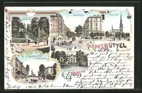 Lithographie Hamburg-Eimsbüttel, Lappenberg`s Allee mit Apostelkirche, Parthie a. d. Eimbütteler Park