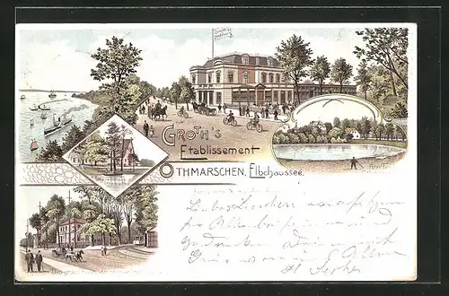 Lithographie Hamburg-Othmarschen, Restaurant Groth`s, Am Teich in Othmarschen, Spukhaus