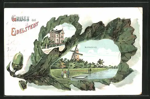 Passepartout-Lithographie Eidelstedt, Mühlenteich mit Windmühle und Kaiserliche Post im Eichenblatt