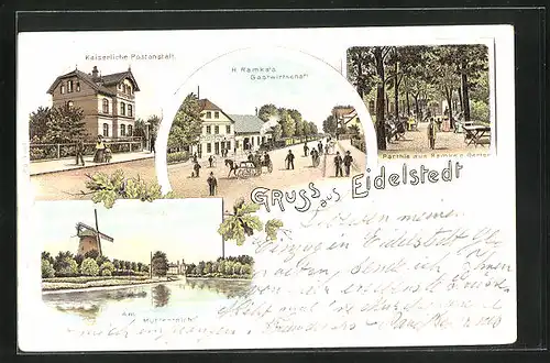 Lithographie Hamburg-Eidelstedt, H. Ramke`s Gastwirtschaft, Garten, Am Mühlenteich mit Windmühle