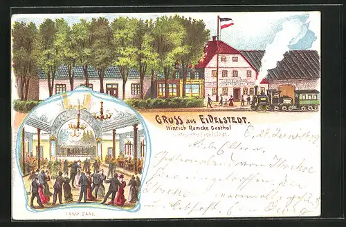 Lithographie Hamburg-Eidelstedt, Hinrich Ramcke Gasthof mit Eisenbahn, Inneres des Tanz Saales