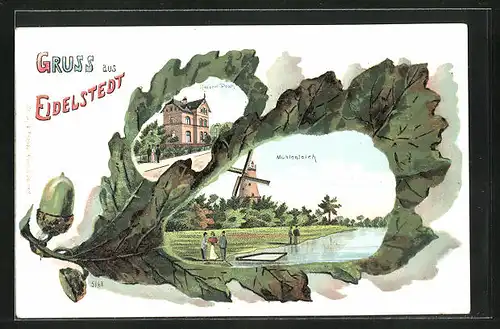 Passepartout-Lithographie Hamburg-Eidelstedt, Mühlenteich mit Windmühle und Kaiserliche Post im Eichenblatt