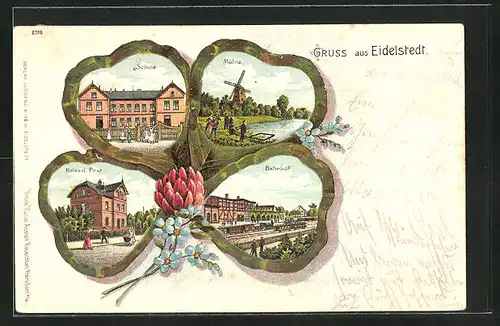 Passepartout-Lithographie Hamburg-Eidelstedt, Kaiserliche Post, Bahnhof & Windmühle im Kleeblatt