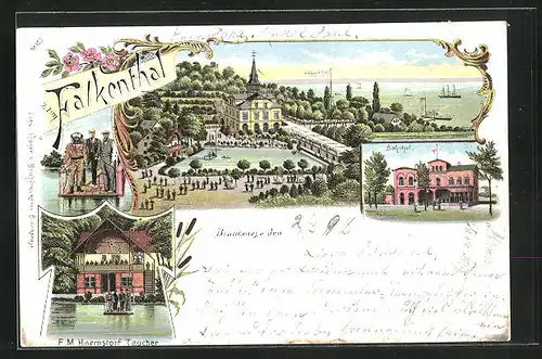 Lithographie Hamburg-Blankenese, Gasthaus zum Falkenthal, Bahnhof, F. M. Harmstorf Taucher