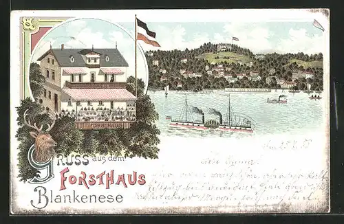 Lithographie Hamburg-Blankenese, Gasthaus Forsthaus, Teilansicht mit Dampfer