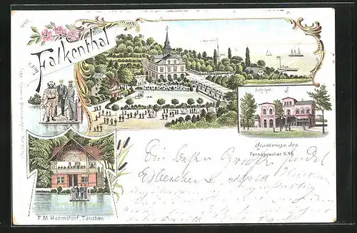 Lithographie Hamburg-Blankenese, Gasthaus zum Falkenthal, Bahnhof, F. M. Harmstorf Taucher