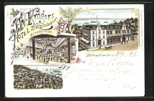 Lithographie Hamburg-Blankenese, J. W. Krögers Hotel & Restauration, Saal Inneres, Teilansicht mit Booten