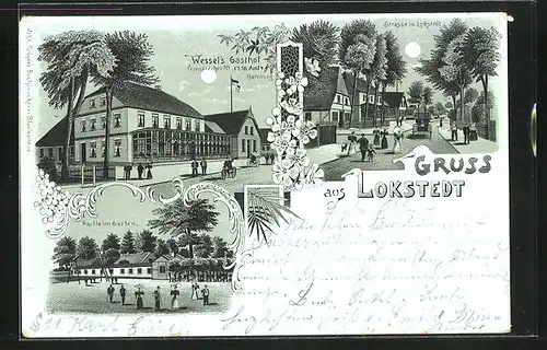 Mondschein-Lithographie Hamburg-Lokstedt, Wessel`s Gasthof, Partie im Garten, Strassenpartie mit Gebäudeansicht