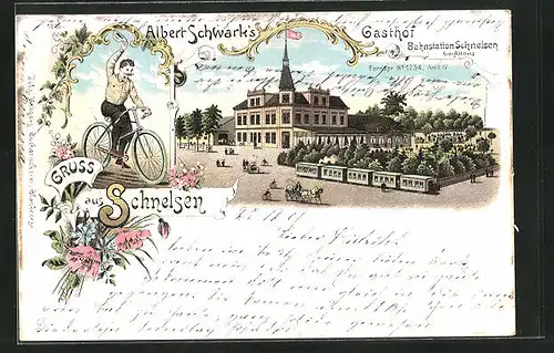 Lithographie Hamburg-Schnelsen, Albert Schwark`s Gasthof, Radfahrer