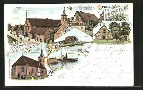 Lithographie Hamburg-Neuenfelde, H. G. Köpke`s Gasthaus, Altländer Bauernhaus, Hafen