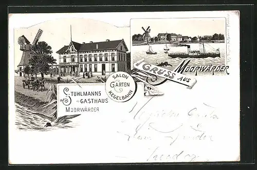 Lithographie Hamburg, Stuhlmanns Gasthaus Moorwärder, Ortspartie mit Windmühle und Dampfer