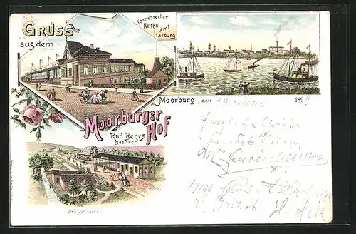 Lithographie Hamburg-Moorburg, Gasthaus Moorburger, Hof, Weg zur Haake, Uferpartie mit Booten