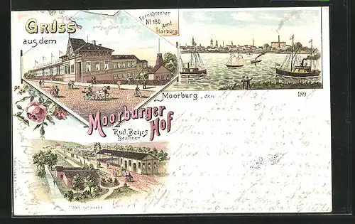 Lithographie Hamburg-Moorburg, Gasthaus Moorburger, Hof, Weg zur Haake, Uferpartie mit Booten