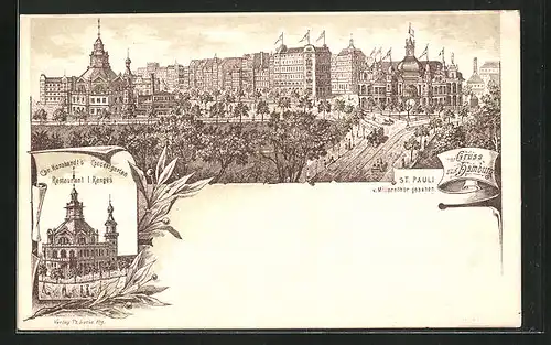 Lithographie Hamburg-St. Pauli, Restaurant Chr. Hornhardt, Partie auf St. Pauli