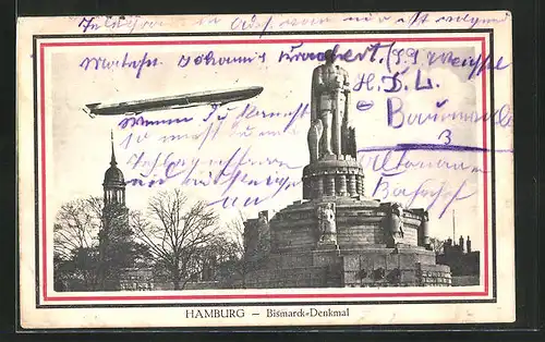 AK Hamburg-St. Pauli, Bismarck-Denkmal, Zeppelin im Hintergrund