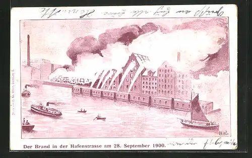 Künstler-AK Hamburg-St. Pauli, Der Brand in der Hafenstrasse 28. September 1900, Feuersbrunst, Löscharbeiten