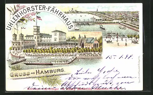 Lithographie Hamburg-Uhlenhorst, Gasthaus Uhlenhorster-Fährhaus, Binnenalster