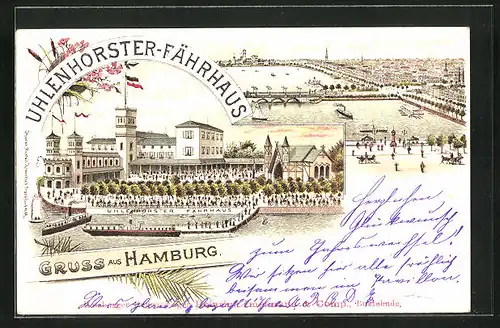 Lithographie Hamburg-Uhlenhorst, Gasthaus Uhlenhorster-Fährhaus, Partie an der Alster