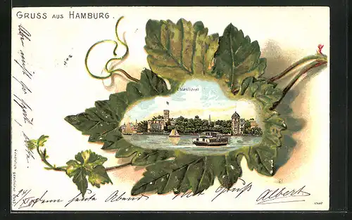 Passepartout-Lithographie Hamburg-Uhlenhorst, Uferpartie, Weinblatt