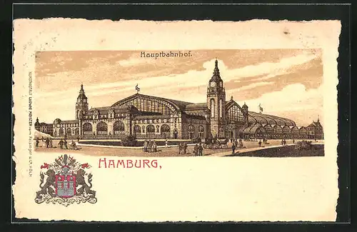 Lithographie Hamburg-St.Georg, Bahnhof, Stadtwappen