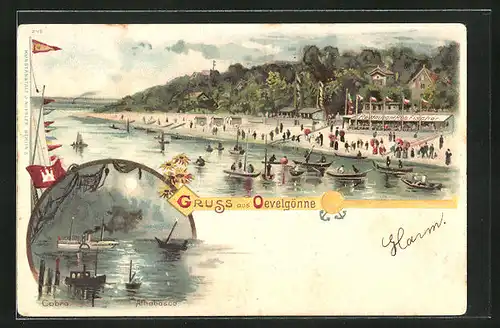 Lithographie Hamburg-Oevelgönne, Restaurant Rob. Fischer, Strandpartie
