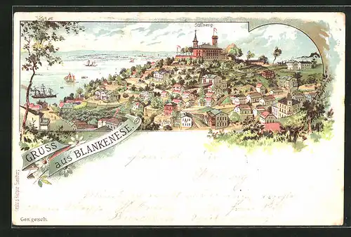 Lithographie Hamburg-Blankenese, Blick auf den Süllberg