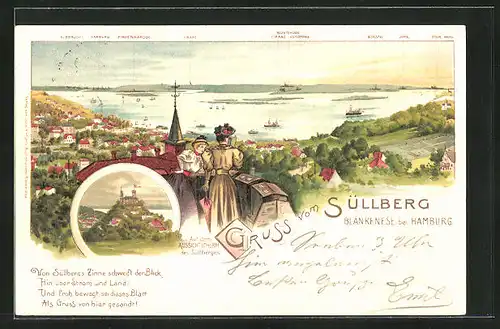 Lithographie Hamburg-Blankenese, Blick vom Aussichtsturm auf dem Süllberg auf die Stadt
