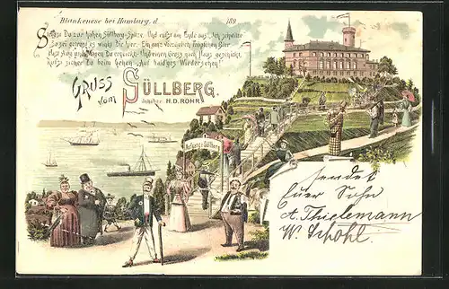 Lithographie Hamburg-Blankenese, Aufgang zum Etablissement Süllberg mit Touristen
