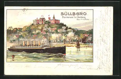 Lithographie Hamburg-Blankenese, Dampfer auf der Aslter am Süllberg