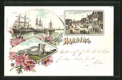 Lithographie Hamburg-Harburg, Hafen, Schloss-Strasse udn Elbbrücke