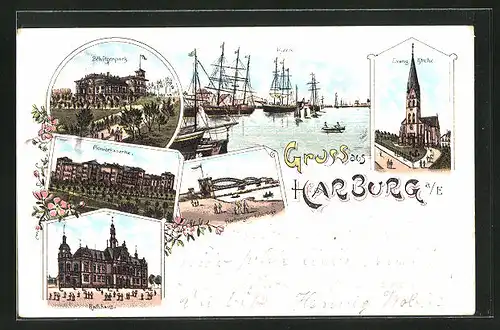 Lithographie Hamburg-Harburg, hafe, Schützenpark, Pionierkaserne, Rathaus, Evang. kirche, Elbbrücke