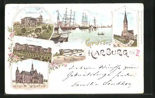 Lithographie Hamburg-Harburg, Hafe, Schützenpark, Pionierkaserne, Elbbrücke, Evang. Kirche